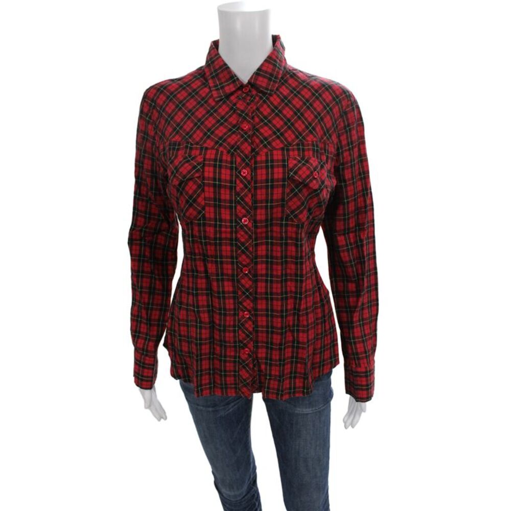 Chloe Women Plaid Collared Long Sleeve Button-Up Cotton Spandex 90s Fall Size L